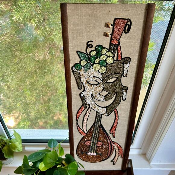 Vintage Mid-Century Gravel Art Wall Hanging – Abstract Musician with Lute - Picture 1 of 16